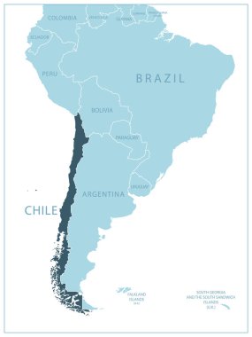 Şili - Komşu ülkelerin ve isimlerin olduğu mavi harita. Vektör illüstrasyonu