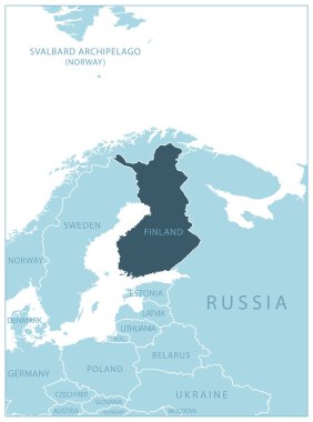 Finlandiya - komşu ülkelerin ve isimlerin olduğu mavi harita. Vektör illüstrasyonu
