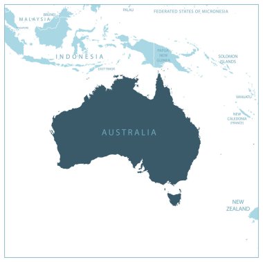 Avustralya - Komşu ülkelerin ve isimlerin olduğu mavi harita. Vektör illüstrasyonu