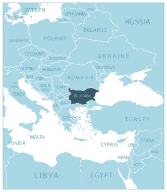 Bulgaristan - komşu ülkeler ve isimlerle dolu mavi harita. Vektör illüstrasyonu
