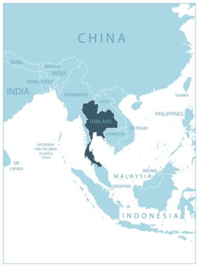 Tayland. Komşu ülkelerin ve isimlerin olduğu mavi harita. Vektör illüstrasyonu