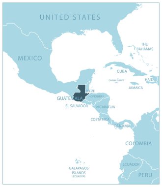 Guatemala. Komşu ülkelerin ve isimlerin olduğu mavi harita. Vektör illüstrasyonu
