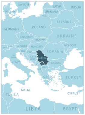 Sırbistan - komşu ülkeler ve isimlerle dolu mavi harita. Vektör illüstrasyonu
