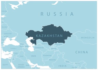 Kazakistan - mavi harita komşu ülkeler ve isimler. Vektör illüstrasyonu