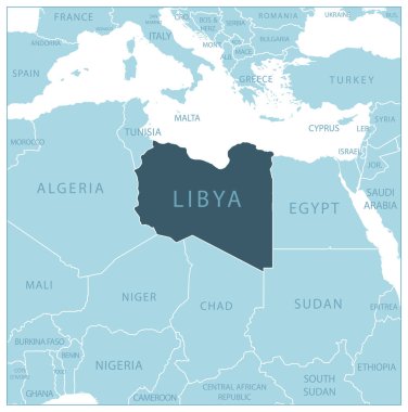 Libya - Komşu ülkelerin ve isimlerin olduğu mavi harita. Vektör illüstrasyonu