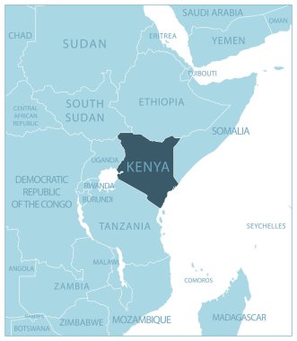 Kenya - Komşu ülkelerin ve isimlerin olduğu mavi harita. Vektör illüstrasyonu