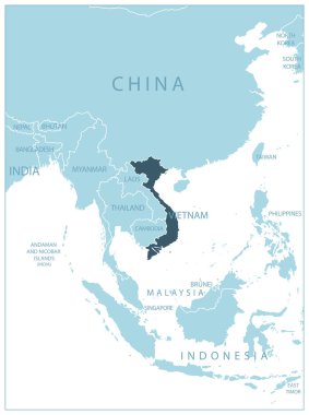 Vietnam. Komşu ülkelerin ve isimlerin olduğu mavi harita. Vektör illüstrasyonu
