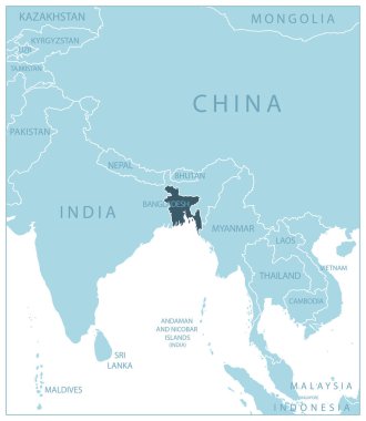 Bangladeş - mavi harita komşu ülkeler ve isimler. Vektör illüstrasyonu
