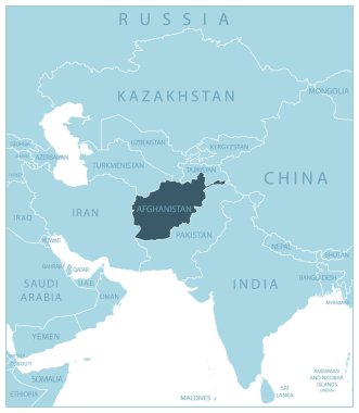 Afganistan. Komşu ülkelerin ve isimlerin olduğu mavi harita. Vektör illüstrasyonu