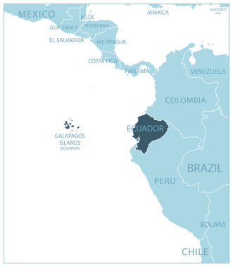 Ekvador. Komşu ülkelerin ve isimlerin olduğu mavi harita. Vektör illüstrasyonu