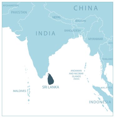 Sri Lanka - komşu ülkelerin ve isimlerin olduğu mavi harita. Vektör illüstrasyonu