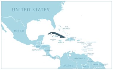 Küba. Komşu ülkelerin ve isimlerin olduğu mavi harita. Vektör illüstrasyonu