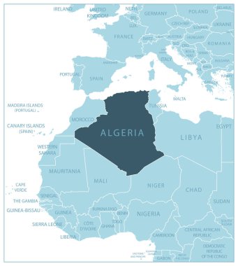 Cezayir. Komşu ülkelerin ve isimlerin olduğu mavi harita. Vektör illüstrasyonu