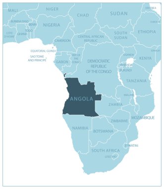 Angola. Komşu ülkelerin ve isimlerin olduğu mavi harita. Vektör illüstrasyonu