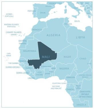 Mali - Komşu ülkelerin ve isimlerin olduğu mavi harita. Vektör illüstrasyonu