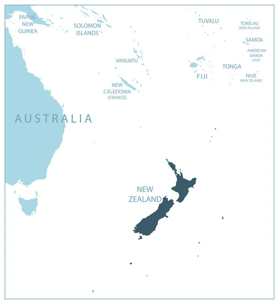 Neuseeland Blaue Landkarte Mit Nachbarländern Und Namen Vektorillustration — Stockvektor