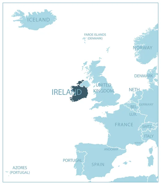 爱尔兰 有邻国和名字的蓝色地图 矢量说明 — 图库矢量图片