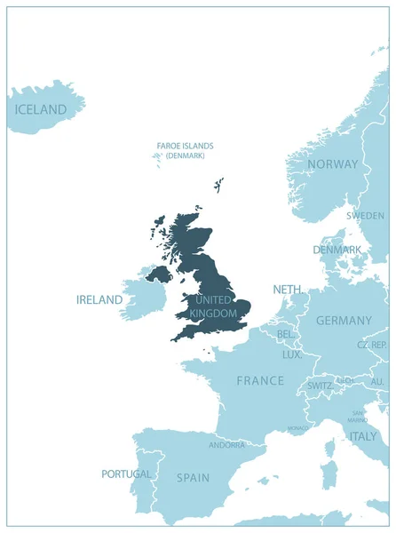 Reino Unido Mapa Azul Con Los Países Vecinos Nombres Ilustración — Vector de stock