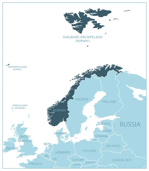 Norwegia Niebieska Mapa Sąsiednimi Krajami Nazwami Ilustracja Wektora — Wektor stockowy