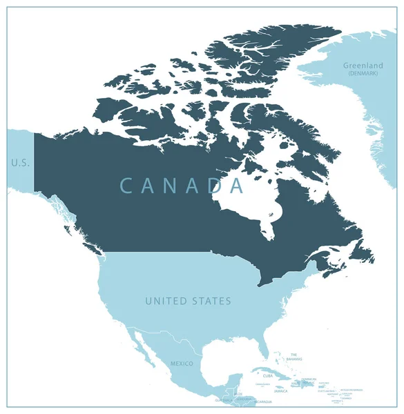 Canadá Mapa Azul Com Países Vizinhos Nomes Ilustração Vetorial —  Vetores de Stock