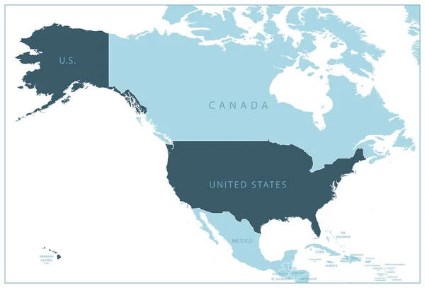 Amerika Birleşik Devletleri Mavi Harita Komşu Ülkeler Isimler Vektör Illüstrasyonu — Stok Vektör