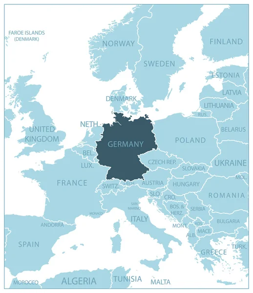 Německo Modrá Mapa Sousedními Zeměmi Jmény Vektorová Ilustrace — Stockový vektor