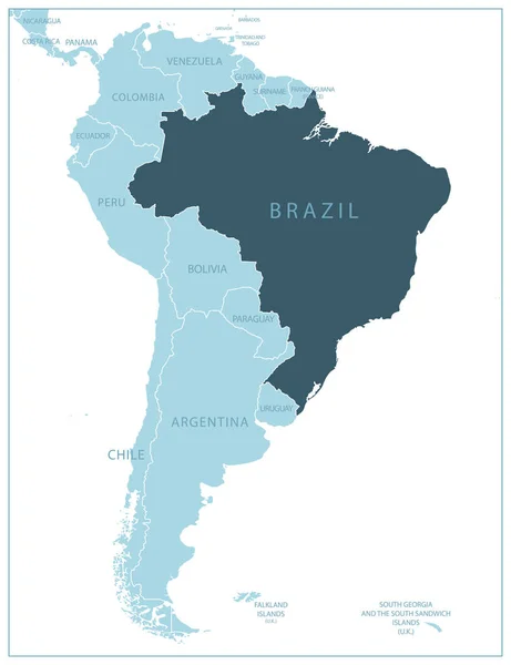 Бразилія Синя Карта Сусідніми Країнами Назвами Приклад Вектора — стоковий вектор