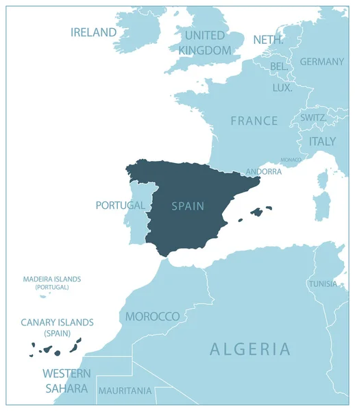 España Mapa Azul Con Los Países Vecinos Nombres Ilustración Vectorial — Vector de stock