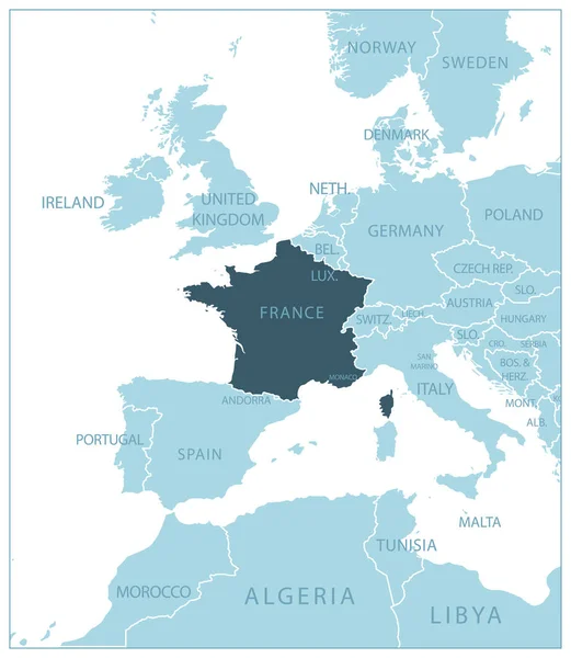 Franciaország Kék Térkép Szomszédos Országokkal Nevekkel Vektorillusztráció — Stock Vector