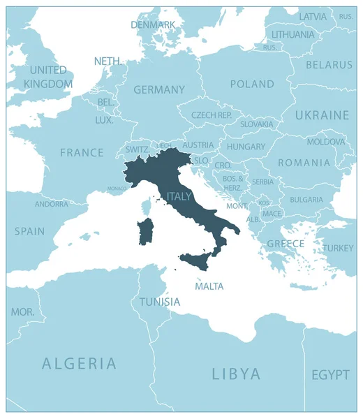 Italia Mapa Azul Con Los Países Vecinos Nombres Ilustración Vectorial — Vector de stock