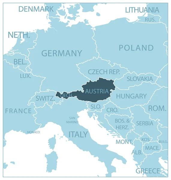 Ausztria Kék Térkép Szomszédos Országokkal Nevekkel Vektorillusztráció — Stock Vector