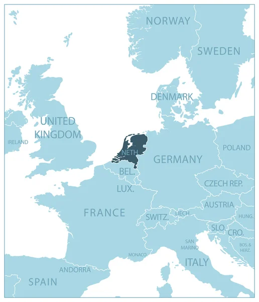 Países Bajos Mapa Azul Con Los Países Vecinos Nombres Ilustración — Vector de stock