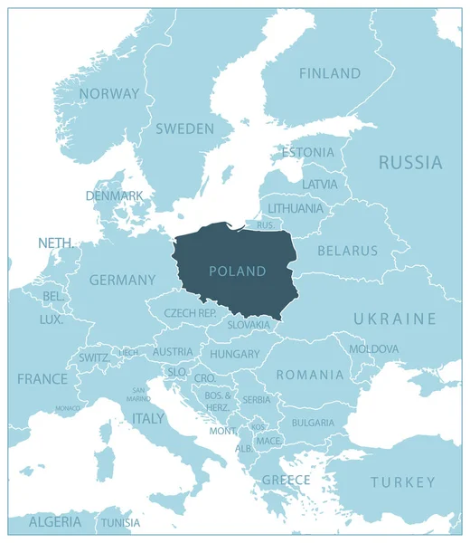Polonia Mapa Azul Con Los Países Vecinos Nombres Ilustración Vectorial — Archivo Imágenes Vectoriales