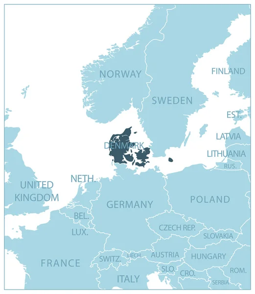Дания Голубая Карта Соседними Странами Названиями Векторная Иллюстрация — стоковый вектор