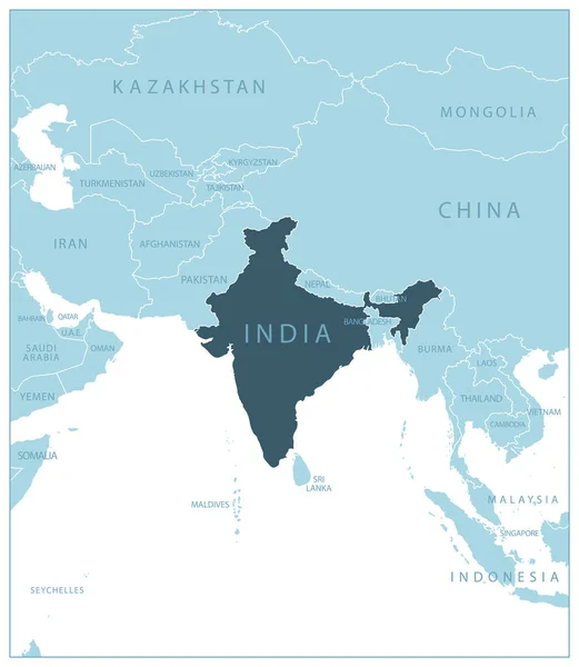 India Mapa Azul Con Los Países Vecinos Nombres Ilustración Vectorial — Vector de stock