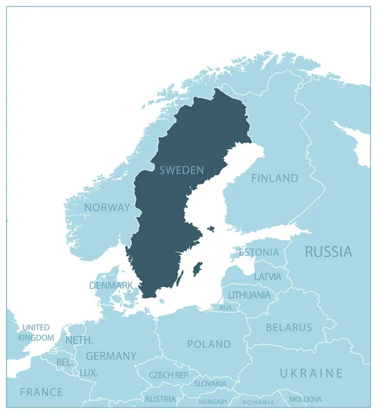 Suecia Mapa Azul Con Los Países Vecinos Nombres Ilustración Vectorial — Vector de stock