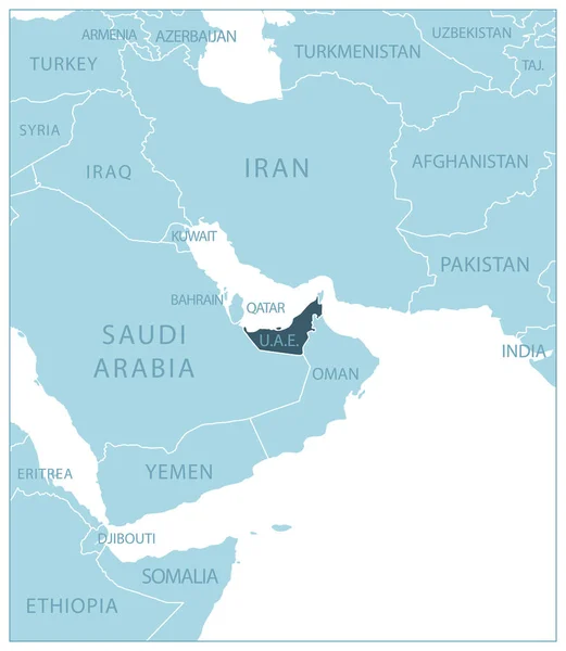 Emiratos Árabes Unidos Mapa Azul Con Los Países Vecinos Nombres — Vector de stock