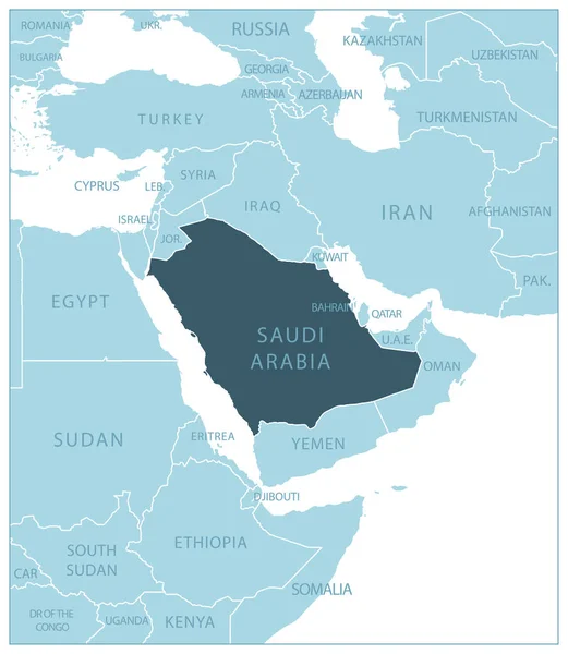 沙特阿拉伯 与邻国和地名的蓝色地图 矢量说明 — 图库矢量图片