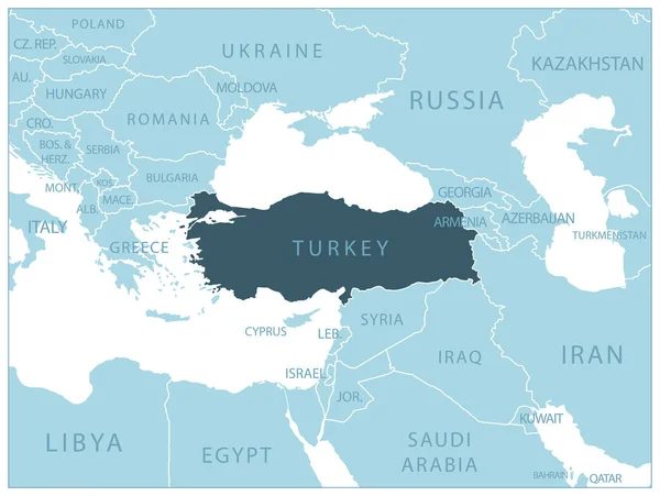 Türkiye Komşu Ülkelerin Isimlerin Olduğu Mavi Harita Vektör Illüstrasyonu — Stok Vektör