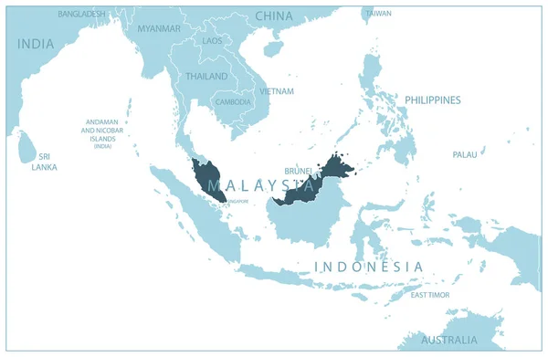 Malasia Mapa Azul Con Los Países Vecinos Nombres Ilustración Vectorial — Vector de stock