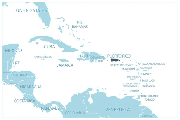 Puerto Rico Blå Karta Med Grannländer Och Namn Vektorillustration — Stock vektor