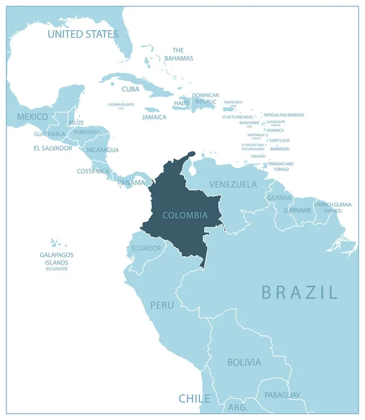 Colombia Mapa Azul Con Los Países Vecinos Nombres Ilustración Vectorial — Vector de stock