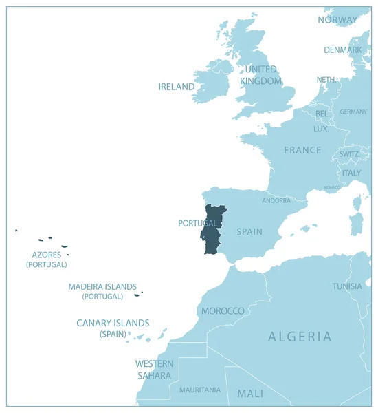葡萄牙 有邻国和名字的蓝色地图 矢量说明 — 图库矢量图片