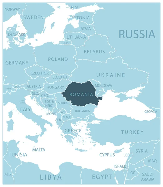 Rumunsko Modrá Mapa Sousedními Zeměmi Jmény Vektorová Ilustrace — Stockový vektor