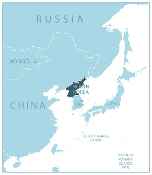 Nordkorea Blå Karta Med Grannländer Och Namn Vektorillustration — Stock vektor