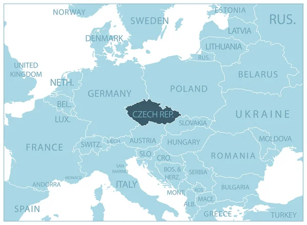 捷克共和国 有邻国和地名的蓝色地图 矢量说明 — 图库矢量图片