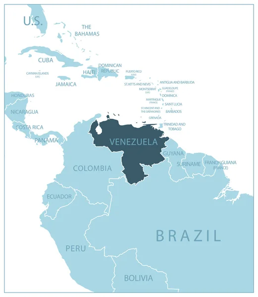 Venezuela Mapa Azul Con Los Países Vecinos Nombres Ilustración Vectorial — Vector de stock