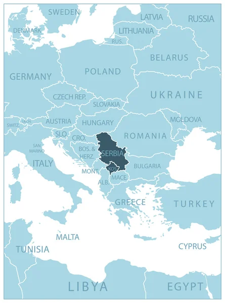 Srbsko Modrá Mapa Sousedními Zeměmi Jmény Vektorová Ilustrace — Stockový vektor