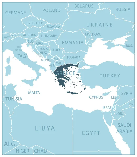 Yunanistan Komşu Ülkeler Isimlerle Dolu Mavi Harita Vektör Illüstrasyonu — Stok Vektör