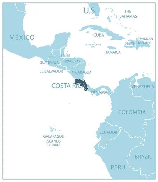 Costa Rica Mapa Azul Con Los Países Vecinos Nombres Ilustración — Vector de stock